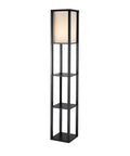 Tall Square Floor Lamp With Three Tier Open Shelves And Black Base Featuring Soft Fabric Shade For Cozy Warm Ambient Lighting