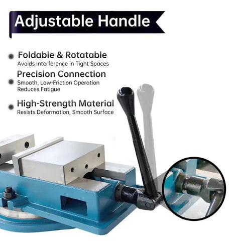 Adjustable handle on Hardcore Shop Beast 8 Inch Milling Vise With 7.9 Inch Jaw Width And 360 Degree Swivel Base for precision.