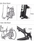 Diagram showing A Style Direct Mount and B Style Side Mount for Complete Mechanical Disc Brake Kit with Dual Front and Rear Aluminum Calipers Paired To 160 Mm Stainless Rotors.