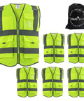 Set of 6 neon yellow high visibility reflective work vests with 8 pockets, zipper, ANSI ISEA certified, and a drawstring bag.