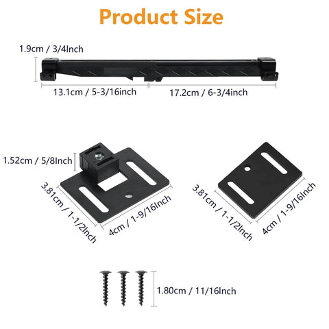 Product components of 4-Piece No-Drill Soft Close Barn Door Hardware Kit For 70 To 160 Lb Sliding Doors with dimensions