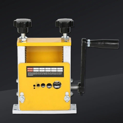 Handy Portable Wire Stripping Tool Crafted From Durable Metal For Reliable Home And Workshop Use Lightweight Electric Automatic Manual Design Saves Space And Makes Electrical Jobs A Breeze With Consistent Results, showing a manual crank for easy wire stripping.