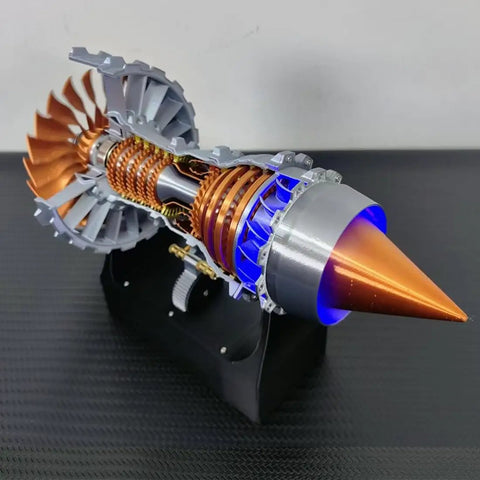 Simulated Turbofan Aircraft Engine Model Kit With LED Light, Rechargeable Version, brass color with visible turbine display