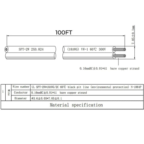 Technical diagram of 18/2 Low Voltage Landscape Lighting Copper Wire 100 Feet SPT-2W Direct Burial Black Cable specification