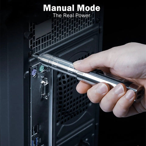 ES15 Mini Electric Screwdriver with Rechargeable Battery used in PC assembly, showcasing precision and manual mode operation