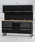Badass Rolling Tool Chest With Eleven Deep Drawers Plus Three Extra Upper Cabinets Seventy Two Inch Black Steel Workshop Storage Cart dimensions with wooden top.