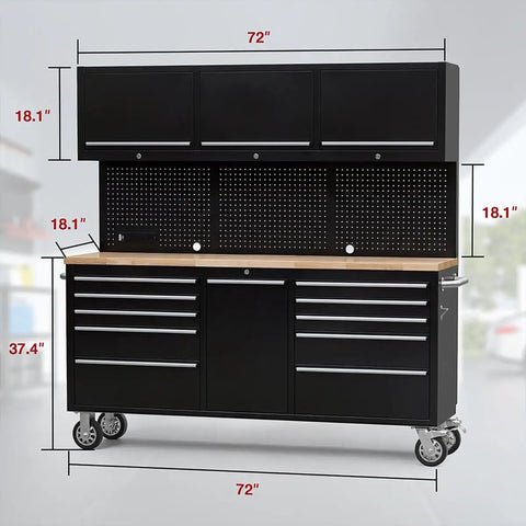 Badass Rolling Tool Chest With Eleven Deep Drawers Plus Three Extra Upper Cabinets Seventy Two Inch Black Steel Workshop Storage Cart dimensions with wooden top.