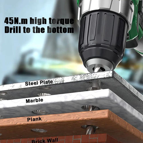 Heavy Duty Brushless Impact Wrench 16 Volt Cordless Power Tool Crushing 380 Nm Torque drills through steel, marble, wood, and brick.