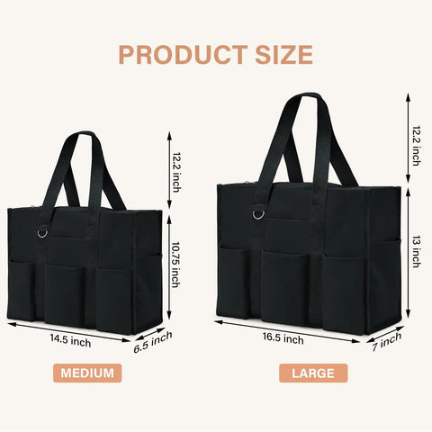 Product size comparison of medium and large Ultra Large Waterproof Tote Bag For Women With 12 Pockets And Top Zipper Closure