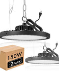 2 Pack UFO LED High Bay Lights for Barn Garage Warehouse Basement Workshop Wet Location 150W 21000LM 6000K shown with cables