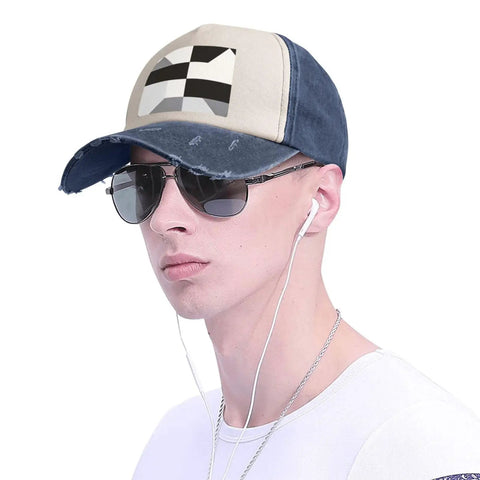 Unisex Adjustable Cotton Baseball Cap With Classic Black And White Piano Grid Pattern worn by a model with sunglasses and headphones.