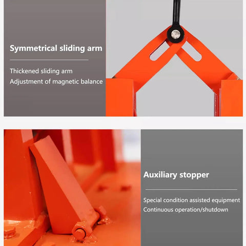 Heavy Duty Fully Automated Industrial Permanent Magnet Crane Alloy Steel Overhead Hoist Lifter For Iron Plates And Scrap Metal, showing symmetrical sliding arm and auxiliary stopper.