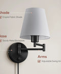 Modern Swing Arm Wall Light Plug In With White Fabric Shade, Black Metal Wall Sconce for Bedroom and Bedside with adjustable arm