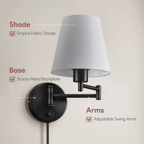 Modern Swing Arm Wall Light Plug In With White Fabric Shade, Black Metal Wall Sconce for Bedroom and Bedside with adjustable arm