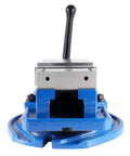 Front view of Beefy 3 Inch Heavy Duty Precision Swivel Base Milling Machine Vise With Quick Lock Hinged Handle and blue finish.