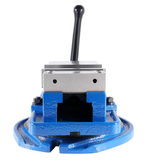Front view of Beefy 3 Inch Heavy Duty Precision Swivel Base Milling Machine Vise With Quick Lock Hinged Handle and blue finish.