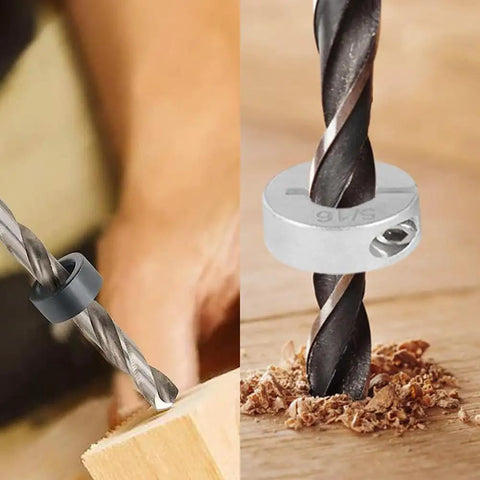 Split Ring Drill Bit Stop Collar Set Depth Stop Kit With Eight Imperial Sizes 1/8 Inch To 1/2 Inch And Eight Metric Sizes 3mm To 16mm Allen Wrench Included Locks In Place For Precise Drilling in action
