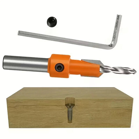 Heavy-Duty Countersink Drill Bit Set, 5-Piece With 8/10mm Round Shanks And 2.8-4mm Conical Bits with hex key and wood block