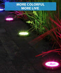 Colorful glow of Solar Ground Lights Outdoor With 12 LEDs Auto Changing Multi Color Cool Glow Garden Pathway Lights along a path.