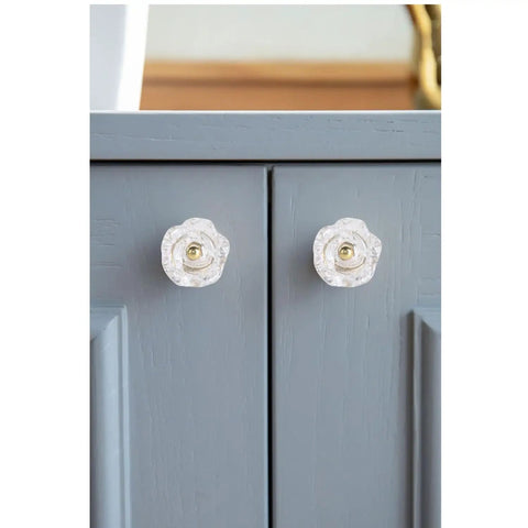 Set Of 6 Crystal Flower Cabinet Knobs In Daisy White installed on gray cabinet, glass drawer pulls for chic and sparkling decor
