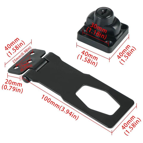 Keyed Hasp Lock 4 Inch Heavy Duty Pack Lock Clasp for Cabinets, Closets, Black Zinc Alloy with Keys shown with dimensions