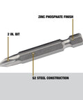 Heavy Duty Number 2 Phillips Power Bits Set, 2 Inch, single bit showing zinc phosphate finish and S2 steel construction.