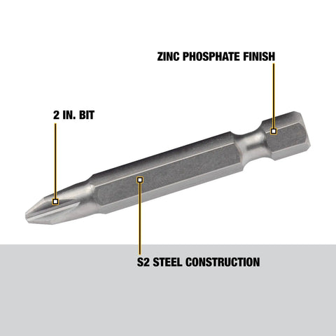 Heavy Duty Number 2 Phillips Power Bits Set, 2 Inch, single bit showing zinc phosphate finish and S2 steel construction.