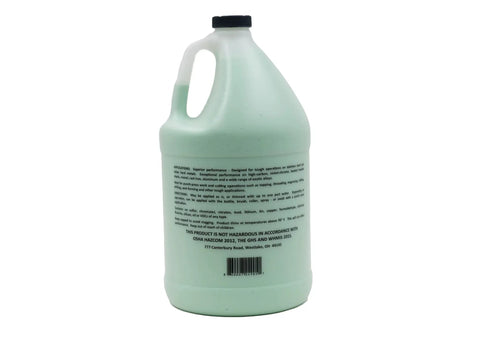 Back view of All Purpose Metalworking Compound 1 Gallon Water Based Cutting Fluid For Drilling Tapping And Sawing Delivers Smooth Fast Cuts On Stainless Steel And Exotic Metals No Oil Prolongs Tool Life in a plastic container