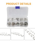120 Piece E Clip Circlip Assortment Kit In 304 Stainless Steel Retaining Rings And C Shaped Split Washers For Shafts From 1.5mm To 10mm With Ready To Roll Durable Rust Resistant Hardware In Handy Storage Box, assorted sizes in case