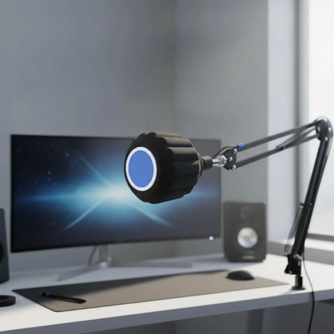 Top Shelf Acoustic Foam Microphone Windscreen And Pop Filter For Podcasting Creators And Live Streamers Chasing Crystal Clear Vocals With Tight Plosive Shielding In Sleek Black mounted on microphone arm near computer monitor.