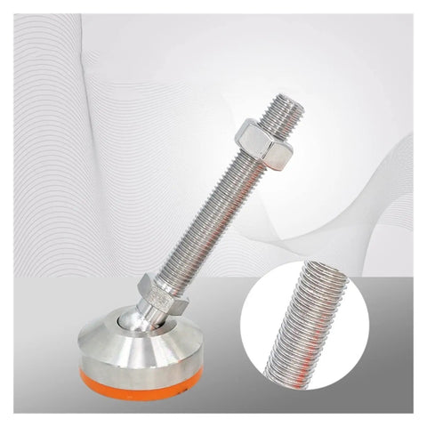 Rock Solid Adjustable Leveling Feet Featuring Straight Up Heavy Duty 304 Stainless Steel Universal Cup Mounts Built Tough For Shop Benches And Cabinets Kills Vibration On Uneven Floors Quick Grip M20 X 100mm Base, showing a close-up of the stainless steel foot and bolt.