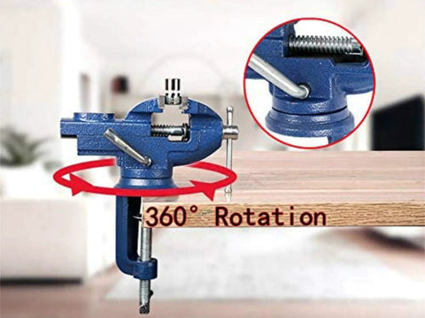 360 Degree Rotating Bench Vise For Woodworking And DIY, 2.5 Inch Cast Iron Table Vise Clamp, Heavy Duty Grip With 0 To 2.5 Inch Jaw Opening, Built Tough For Hobbyists And Makers on workbench