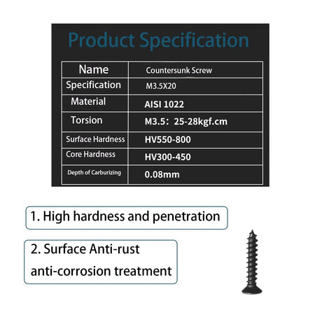 Countersunk screw specification chart with high hardness, AISI 1022 material, and anti-corrosion treatment, includes screw image