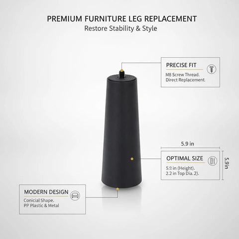 Black conical furniture leg with M8 thread, 5.9 by 2.2 inches, durable PP plastic and metal for sofas, cabinets, chairs, ottomans.