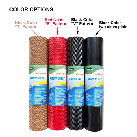 Khaki T, red S, black V pattern, and plain black multipurpose rubber sheet rolls for shoe soles and heel repair and furniture pads.