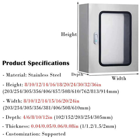 Stainless Steel Indoor Electrical Enclosure Box With Hinged Cover Built To Last, Wall Mounted, showing size specifications
