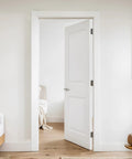 Quick Install Self Closing Door Hinges 3.5 Inch Spring Loaded Hardware on a white interior door frame with a bedroom in view.