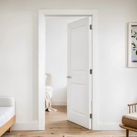 Quick Install Self Closing Door Hinges 3.5 Inch Spring Loaded Hardware on a white interior door frame with a bedroom in view.
