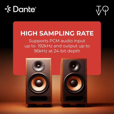 Ultimate ToVi Dante Optical Encoder Turns Toslink Into Network Streaming With Dual Channel Audio Over Ip For Pro A V Systems Featuring Low Latency And PoE Or Usb Power; high-quality speakers showcasing features.