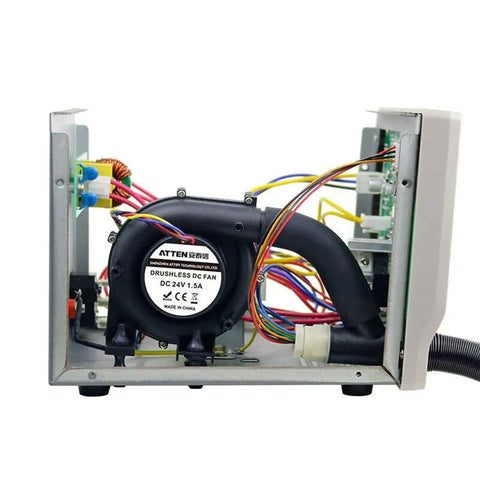 Internal view of Pro Grade 1000W Soldering Station With Hot Air Rework System for Phone PCB Repair showing wiring and fan.
