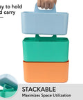Stacked All In One Multipurpose Caddy Organizer With Handle in blue, green, and orange, shown for easy carrying and space saving.