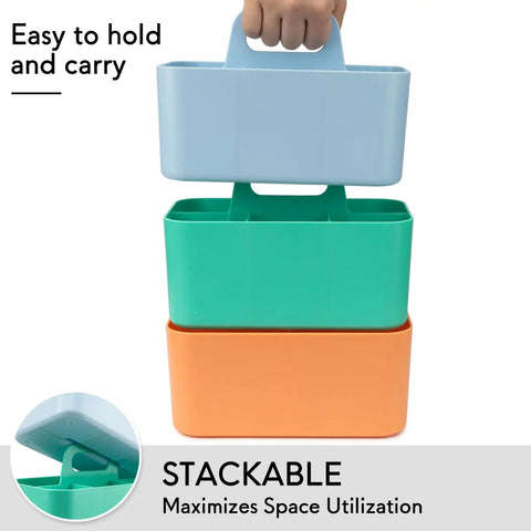 Stacked All In One Multipurpose Caddy Organizer With Handle in blue, green, and orange, shown for easy carrying and space saving.