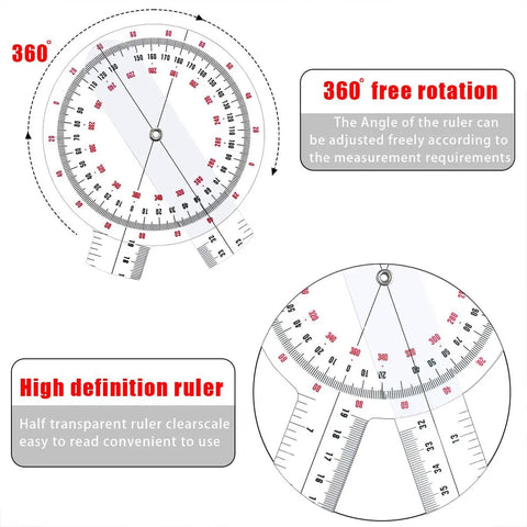 12 Inch Transparent Goniometer For Physical Therapy And Joint Range Of Motion Measuring Protractor Ruler 360 Degree Angle Gauge Made Of Plastic Durable Clear Markings For Accurate Readings In Clinic Or Home Use showing 360-degree rotation and clear scale markings.