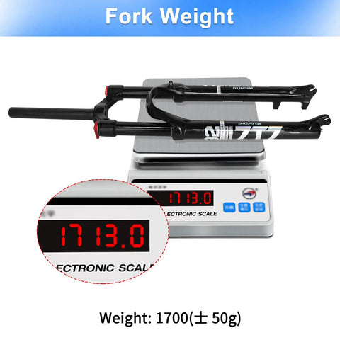 Dual Air MTB Suspension Fork For XC And AM Mountain Bikes With 120mm Travel One Eighth Inch Straight Tube on scale showing 1713 grams