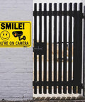 Two Pack Smile Youre On Camera Signs 10 By 7 Inch Funny Security Signs With Smile Face And Camera Icon on gate