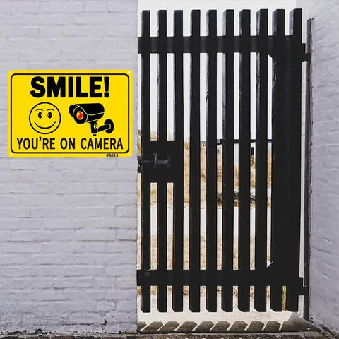 Two Pack Smile Youre On Camera Signs 10 By 7 Inch Funny Security Signs With Smile Face And Camera Icon on gate