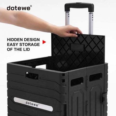 Foldable Utility Cart On Wheels With Lid Heavy Duty Handcart For Grocery Garden Office And Storage Collapsible Trolley Portable 100 Lb Capacity Easy Fold Smooth Rolling Haul with hidden lid feature being demonstrated.
