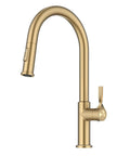Spot Resistant Brushed Brass Pull Down Kitchen Faucet Featuring A Sleek High Arc Spout Slick Twisted Handle And Smooth Operation that showcases a modern design.