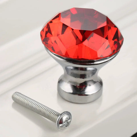 5 Pcs Red Crystal Cabinet Knobs Knockout Diamond Shape Handles with Screws for Dresser Closet Wardrobe Cupboard Kitchen Furniture to Get that Bougie Vibe in Shiny Polished Chrome Glass Pulls Total Game Changer Decor with red diamond knob and silver screw.
