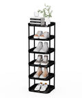 Slim 6 Tier Vertical Narrow Shoe Rack Stackable Tall Skinny Organizer For Tight Spaces, displaying shoes in a hallway setting.